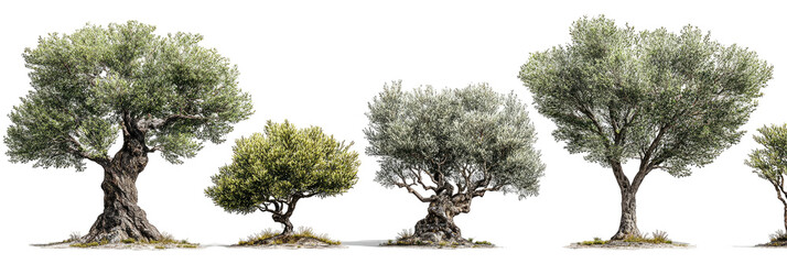 Row of trees with gnarled trunks against a black background