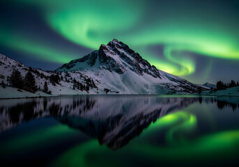 The breathtaking dance of the aurora borealis illuminating a snowy mountain landscape over the still waters of a lake.