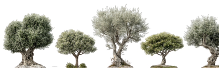 Five gnarled trees with thick foliage, isolated view