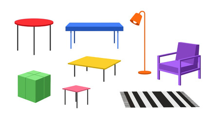 Colorful furniture arrangement including tables chairs lamp and a rug