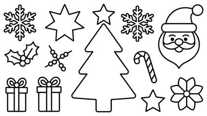 outlined christmas icon set featuring snowflakes, stars, santa face, holly, candy cane, gift boxes, flower and tree for festive design