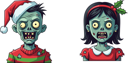 Cartoon zombie couple in Christmas outfits with festive horror theme, undead characters in holiday costumes, creepy cute seasonal vector illustration