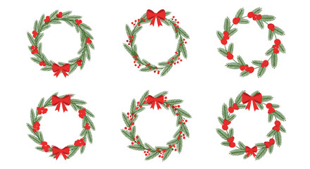 Collection of six festive Christmas wreaths, featuring green evergreen branches, bright red berries, and decorative red bows on a white background.