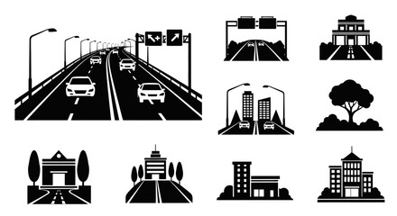 A collection of black and white cityscape and roadway icons arranged neatly