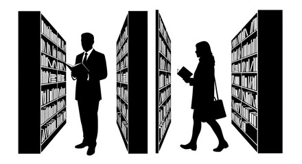Silhouette of a man and woman reading amidst library bookshelves © Tm Studio