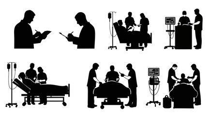 Silhouette images depicting doctors nurses and patients in a hospital setting