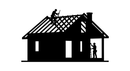 Silhouetted house under construction with workers on the roof and doorway