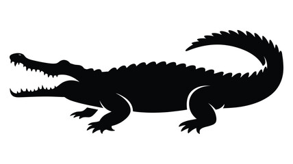 crocodile silhouette icon in side profile with open mouth, sharp teeth, jagged back and curved tail representing wildlife, danger and strength