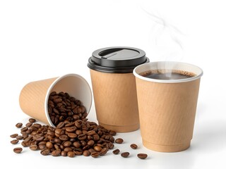 Freshly Brewed Coffee Cups and Roasted Beans Aromatic Morning Delight on White Background