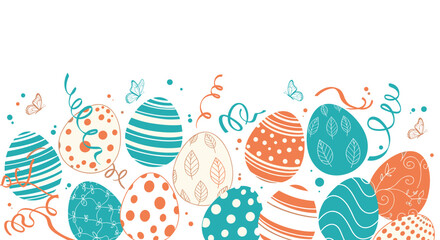 Hand-drawn Easter eggs, colorful ribbons, and butterflies create a festive horizontal border on a white background, perfect for holiday greetings.