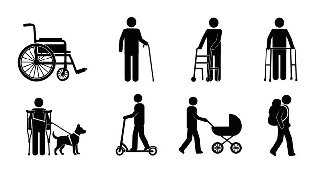 Accessibility symbols depicting people with disabilities and assistive devices