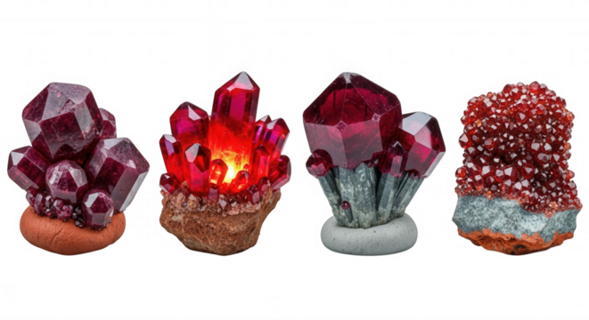 Crimson crystal formations glowing isolated on a transparent background