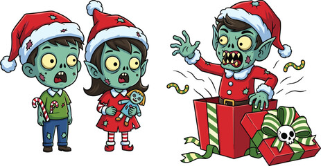 Cartoon zombie children in Christmas costumes with Santa hats, candy canes, gingerbread doll, and holiday gift box festive horror illustration