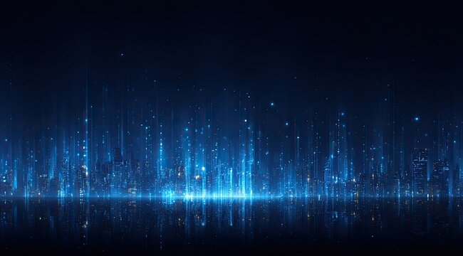 A futuristic city skyline, digitally rendered, with glowing, blue light trails and particles