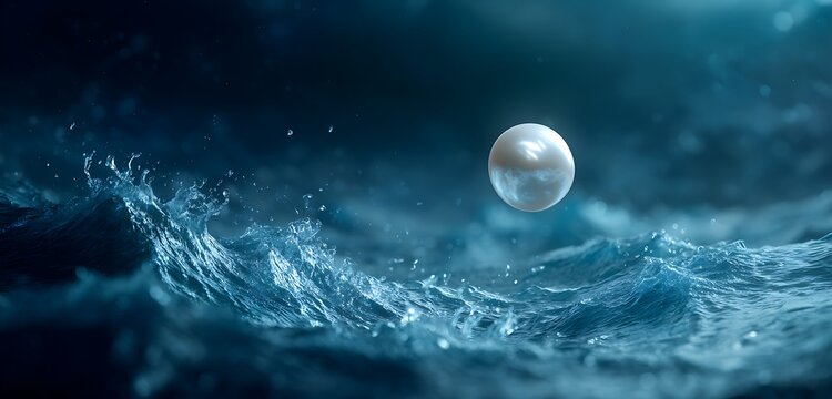 Pearl earring floating in cinematic ocean space with moody blue ambiance