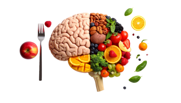 Brain with fruits, concept of healthy living and eating healthy food