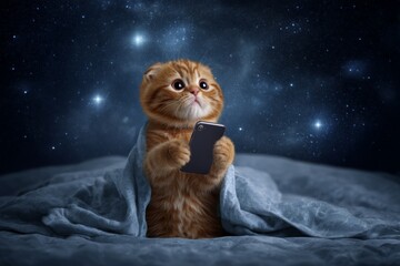 Anthropomorphic kitten clutches smartphone in spooky night. Texts and graphs. From charts to captions, screens control how we absorb knowledge. Kitten in dark. Kitten shadow.