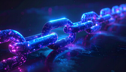 Abstract 3D blockchain chain links glowing in neon blue and purple, futuristic financial technology concept, isolated on dark background, no text.