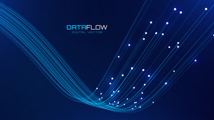 Fiber Optic, Technology, Tech Data Flow and Internet Speed Concept with Glowing Lines on Dark Blue Background. Futuristic Digital Network. Computer Science Concept. Vector Illustration.