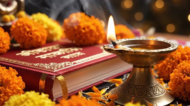 Sacred Book of Bhagavad Gita with Diya Lamp and Flowers for Geeta Jayanti Celebration, Hindu Festival