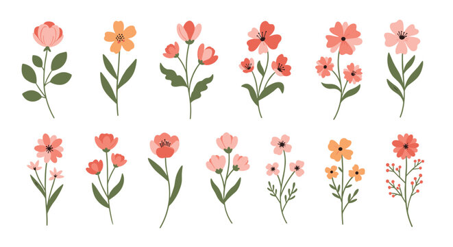 A vibrant collection of hand-drawn floral illustrations featuring various pink, peach, and orange blossoms with green leaves, perfect for spring designs.