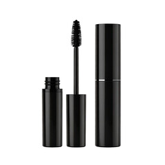 Black mascara tube open, with brush, isolated on black