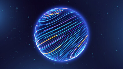 Naklejka na ściany i meble Tech Neon Lines Energy Orb. 3D Sphere Science Globe With Abstract Glowing Lines Representing Microbiology, Cell Research, or Nanotechnology On Dark Blue Background. Vector Illustration. Naklejka na ściany i meble Tech Neon Lines Energy Orb. 3D Sphere Science Globe With Abstract Glowing Lines Representing Microbiology, Cell Research, or Nanotechnology On Dark Blue Background. Vector Illustration.