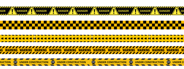 transparent Yellow and black danger tape set with skull symbols for safety hazard zones roads and construction. Includes caution ribbons warning lines for police accidents and yellow caution tape