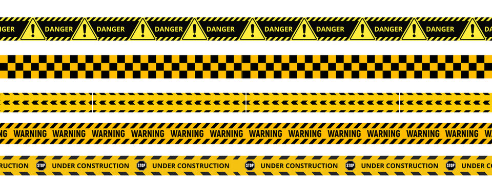 transparent Yellow and black danger tape set with skull symbols for safety hazard zones roads and construction. Includes caution ribbons warning lines for police accidents and yellow caution tape