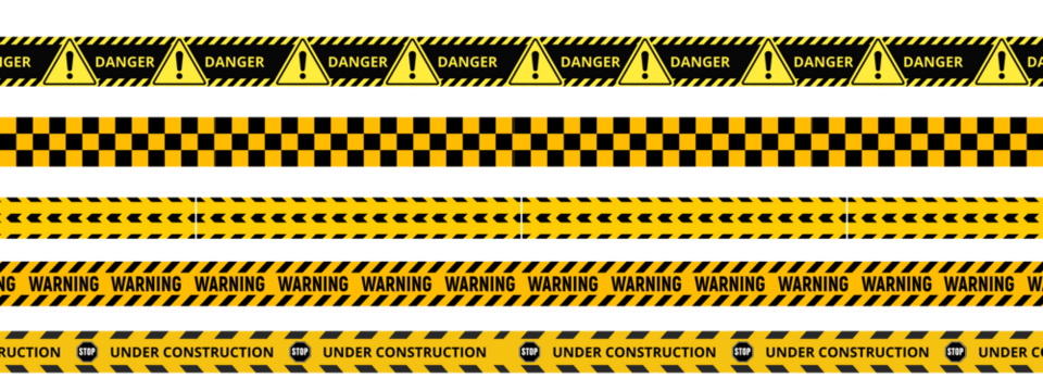 transparent Yellow and black danger tape set with skull symbols for safety hazard zones roads and construction. Includes caution ribbons warning lines for police accidents and yellow caution tape