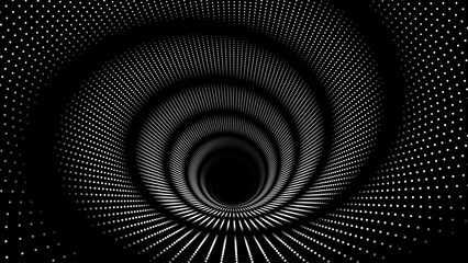 Obraz premium 3D Gray Circles Tech Background with Dotted Lines and Optical Illusion Effect. Big Data Visualization in Dark Space. Modern Dots Style Round Tunnel Banner. Vector Illustration.