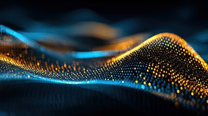 Abstract digital wave of glowing particles.  Dynamic,  flowing forms of light in dark background with orange and teal points