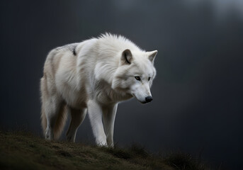 Fototapeta premium A majestic white wolf in its natural habitat, captured in a moment of calm and contemplation. The wolf's fur is pristine, contrasting against the muted background.