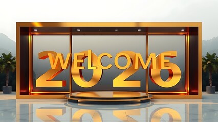 Welcome 2025 golden text in a box with palm trees on the sides and mountains in the background