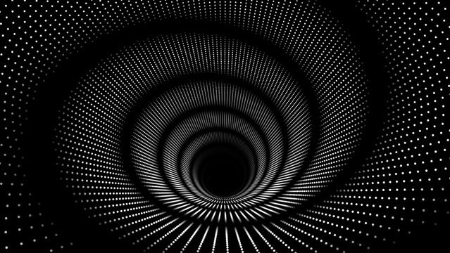 3D Gray Circles Tech Background with Dotted Lines and Optical Illusion Effect. Big Data Visualization in Dark Space. Modern Dots Style Round Tunnel Banner. Vector Illustration.