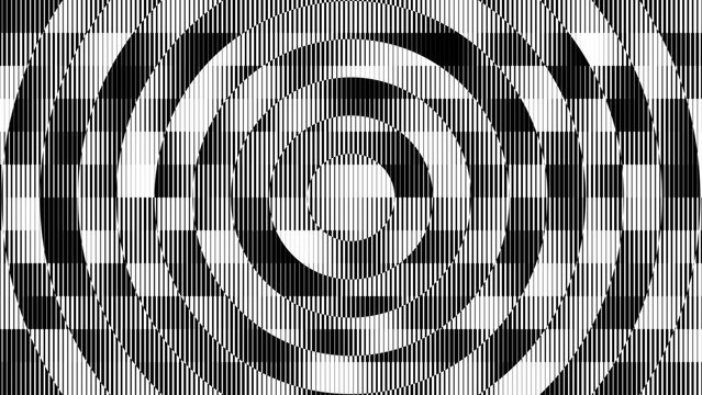 Trippy Radial Wave Optical Illusion Circle with Striped Lines. Circular Op Art Element with Geometric Black and White Pattern. Abstract Visual Interference Doppler Effect. Vector Illustration.
