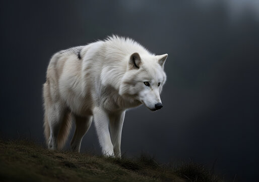 A majestic white wolf in its natural habitat, captured in a moment of calm and contemplation. The wolf's fur is pristine, contrasting against the muted background. - Powered by Adobe