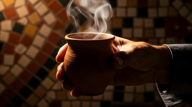 Hand holding steaming hot clay masala chai