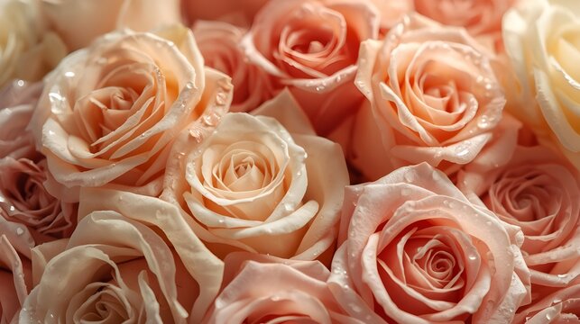 Close-up of a soft, romantic bouquet of delicate pastel pink and cream roses with dew drops - Powered by Adobe