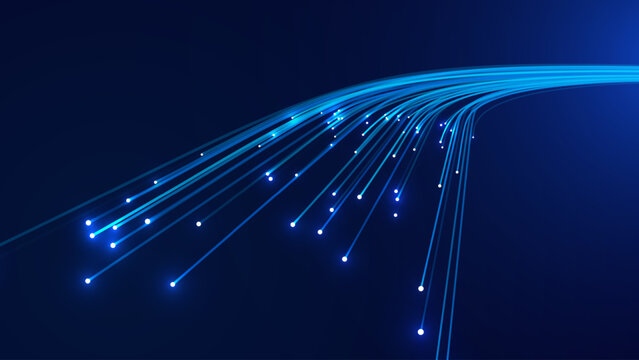 Fiber Optic, Technology, Tech Data Flow and Internet Speed Concept with Glowing Lines on Dark Blue Background. Futuristic Digital Network. Computer Science Concept. Vector Illustration.