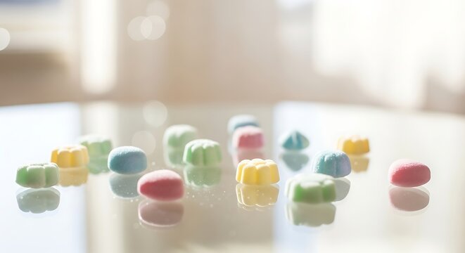 Assorted colorful gummy candies scattered on reflective surface