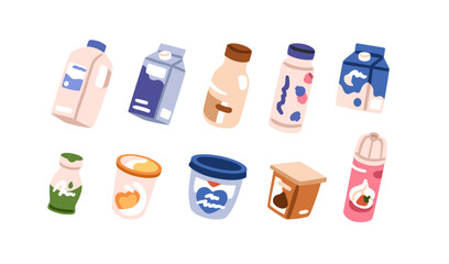 Obraz na płótnie Canvas Dairy products set. Milk in bottle, yogurt in plastic cup, whipped cream, protein dessert, lactose food and drinks in carton boxes, containers. Flat vector illustration isolated on white background