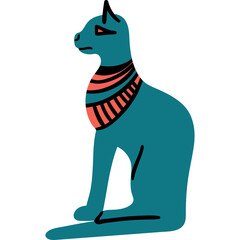 Ancient Egyptian Cat Deity Bastet Depicted in Teal and Coral Colors with Geometric Collar