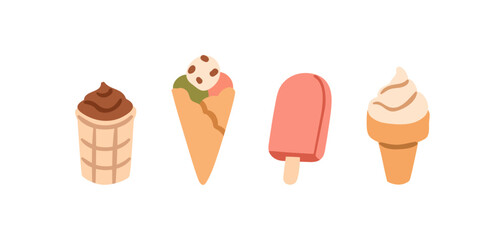 Ice cream set. Icecream cone, waffle cup, popsicle on stick, scoops, cold soft dessert. Frozen dairy treat, tasty summer snack, sweet refreshment. Flat vector illustration isolated on white background