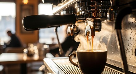 Espresso brewing in a coffee shop with steam rising