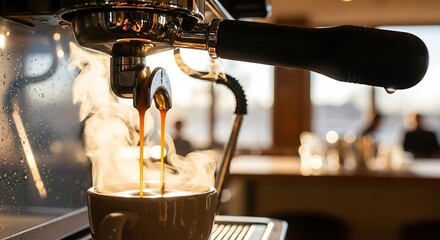 Espresso pouring into cup with steam from machine coffee