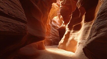 Sunlit sandstone canyon.  Narrow passage.  Warm hues