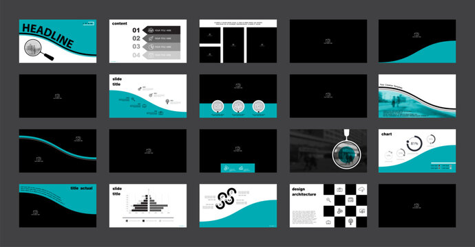 Business presentation template. Set, infographic elements, abstract green design, white background. Office building, corporate photo, PowerPoint. Slideshow, annual report. Vector illustration - Powered by Adobe