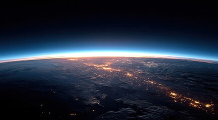 Obraz premium Earth's horizon, seen from space, with a vibrant sunrise. City lights shimmer on the dark surface, while clouds drift around the globe