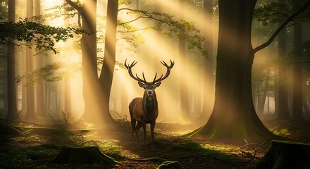 Majestic stag standing in sunlit forest clearing deer